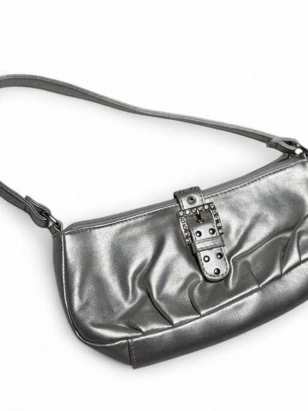 Y2K Metallic Silver Shoulder Bag with Studded Buckle Detail